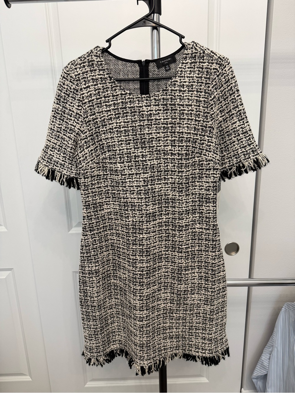 Tahari ASL Black and White Tweed Fringe Shift Dress